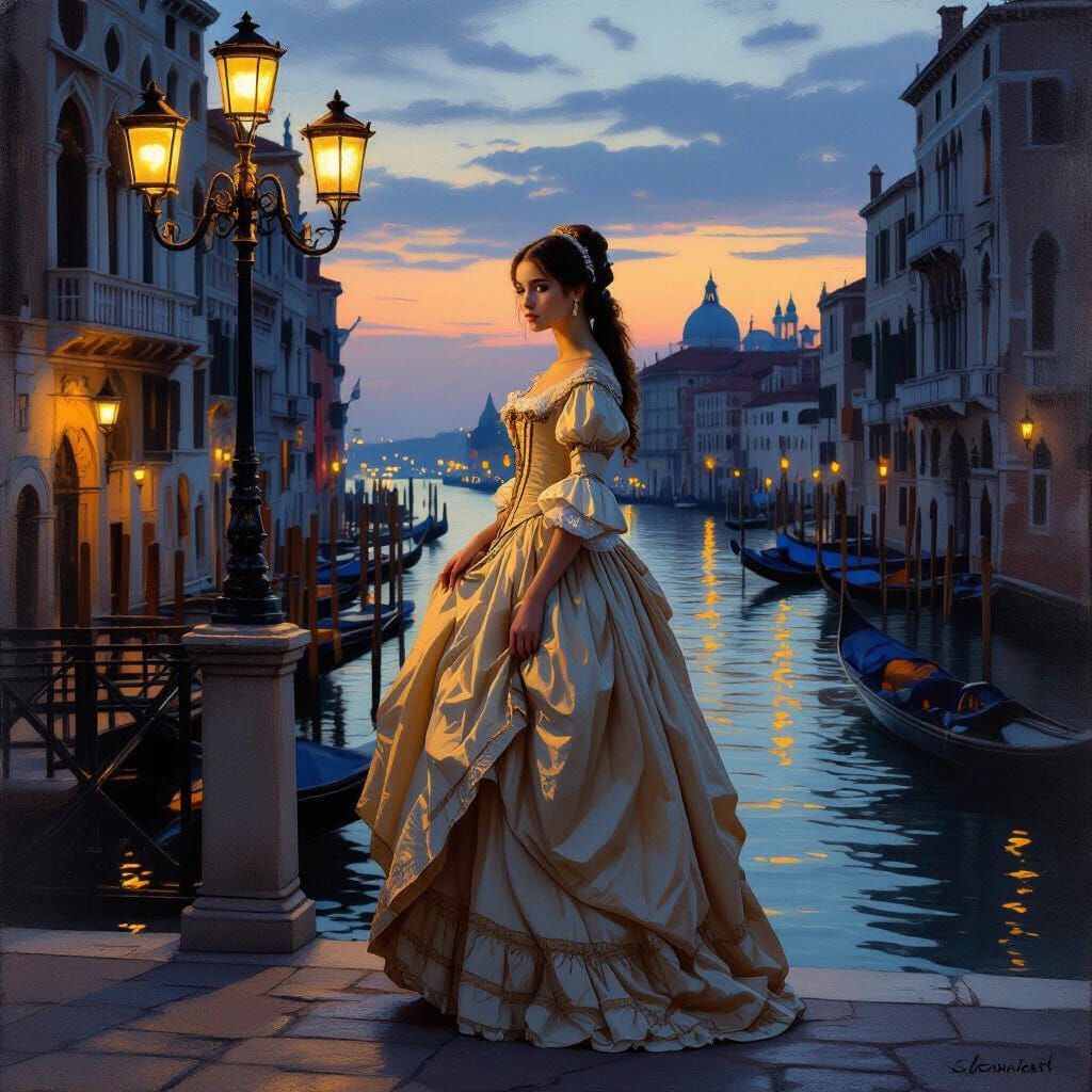 Venetian Maiden on Canal Bridge at Twilight