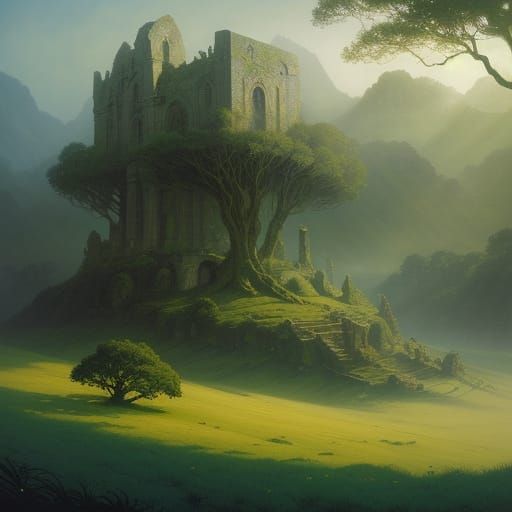 Whimsical Andoran Landscape with Golden Light and Ancient Se...