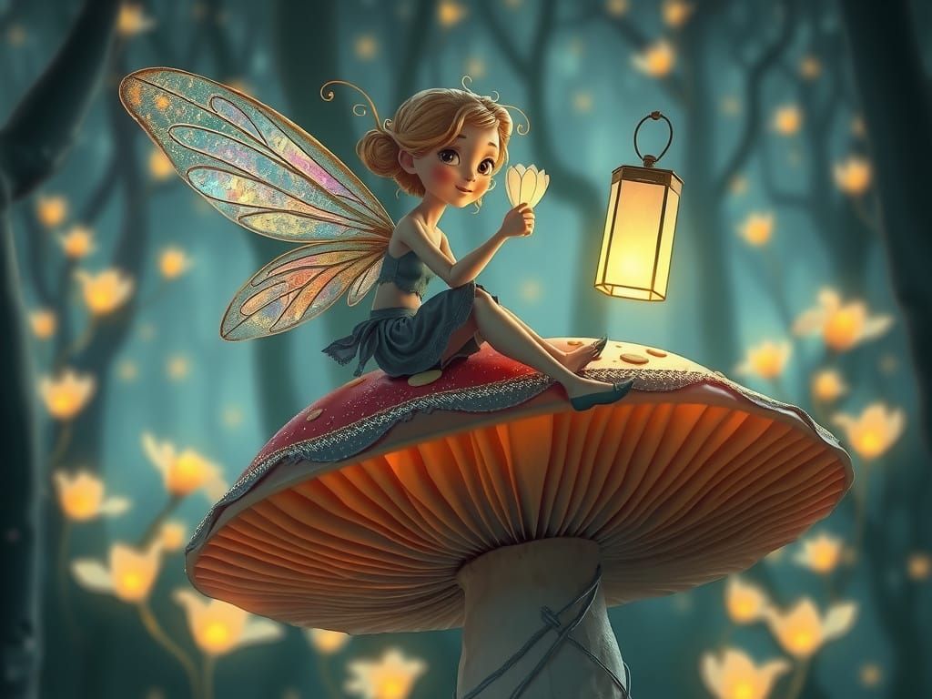 Whimsical Fairy in Bioluminescent Forest at Twilight