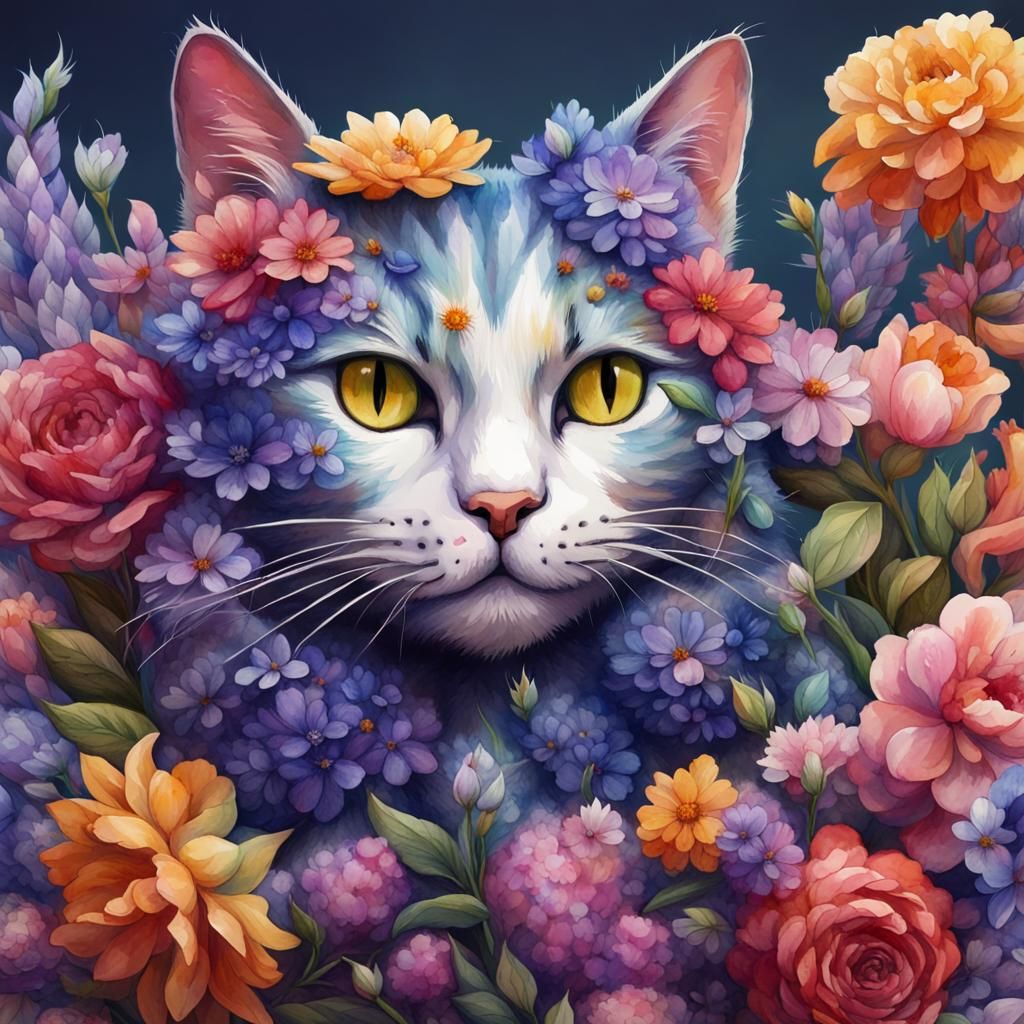 Watercolor Cat Made of Flowers Close-Up