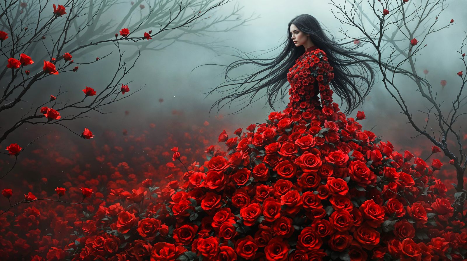 Surreal Portrait of Woman in Red Rose Gown