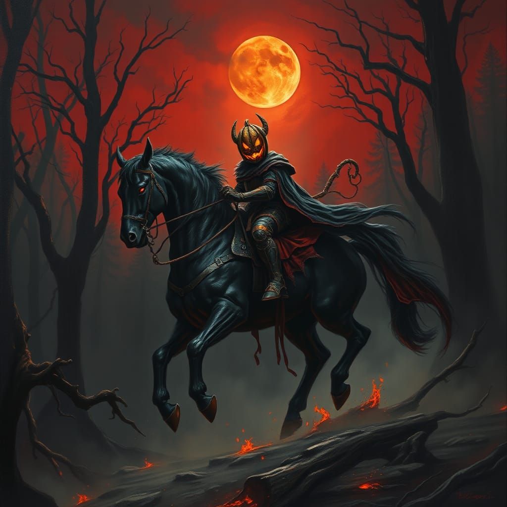 Dark Knight Rides Through Haunted Forest: Oil Painting