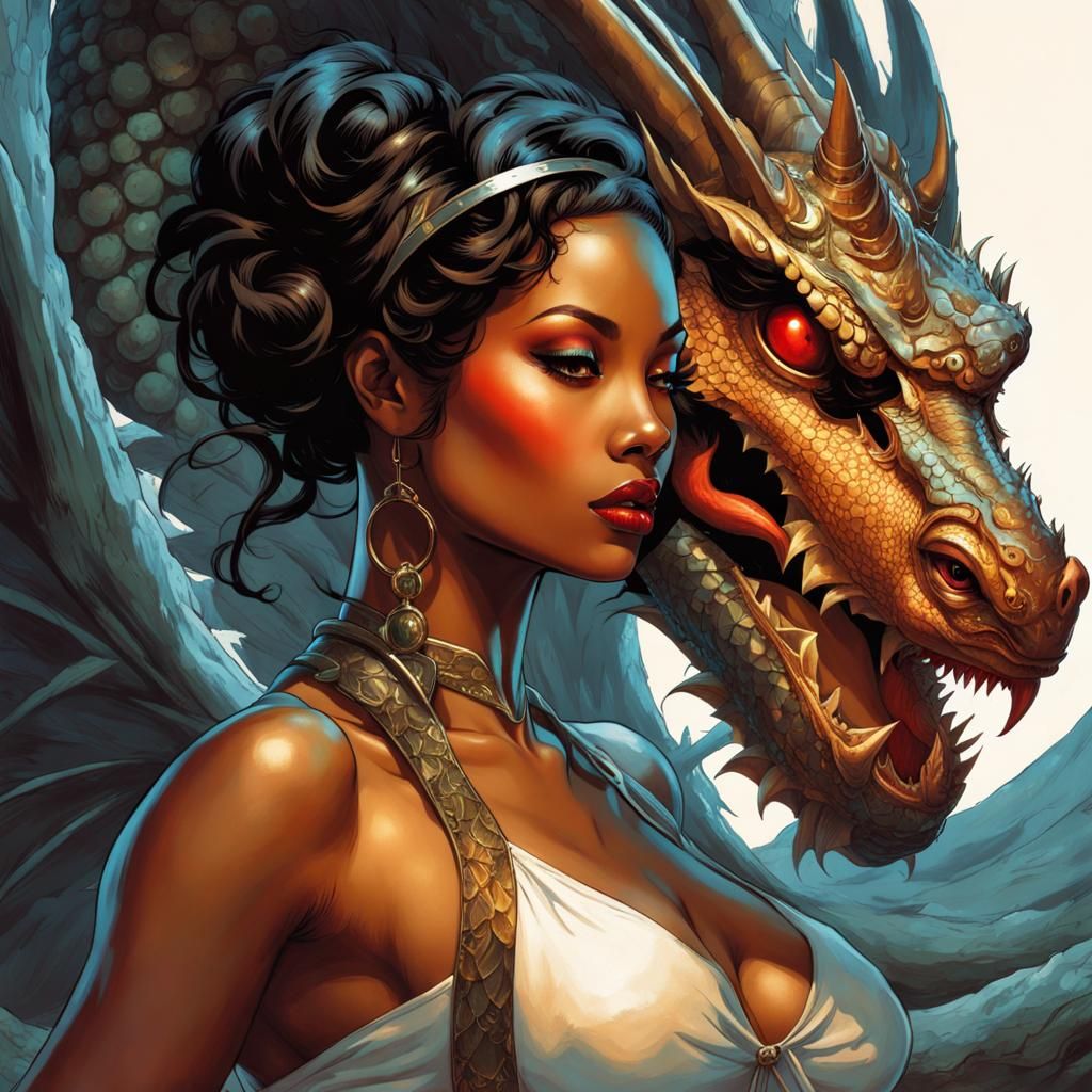 Pin-Up Girl and Dragon in Art Nouveau Style