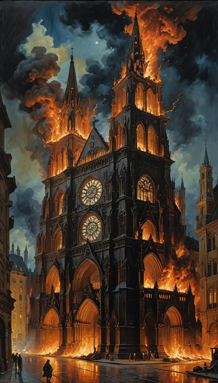 Cathedral Ablaze: A Nighttime Inferno in Oil