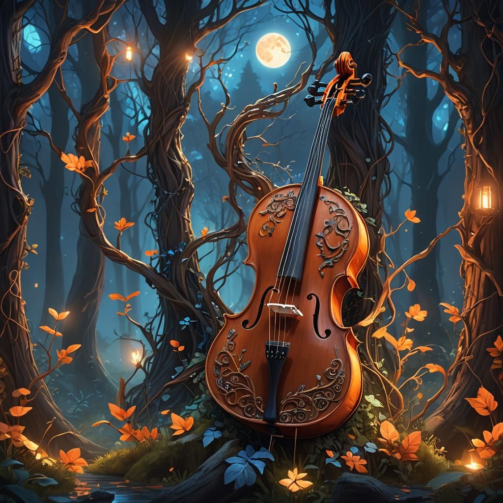 Mystical Cello in Moonlit Forest: Fantasy Concept Art