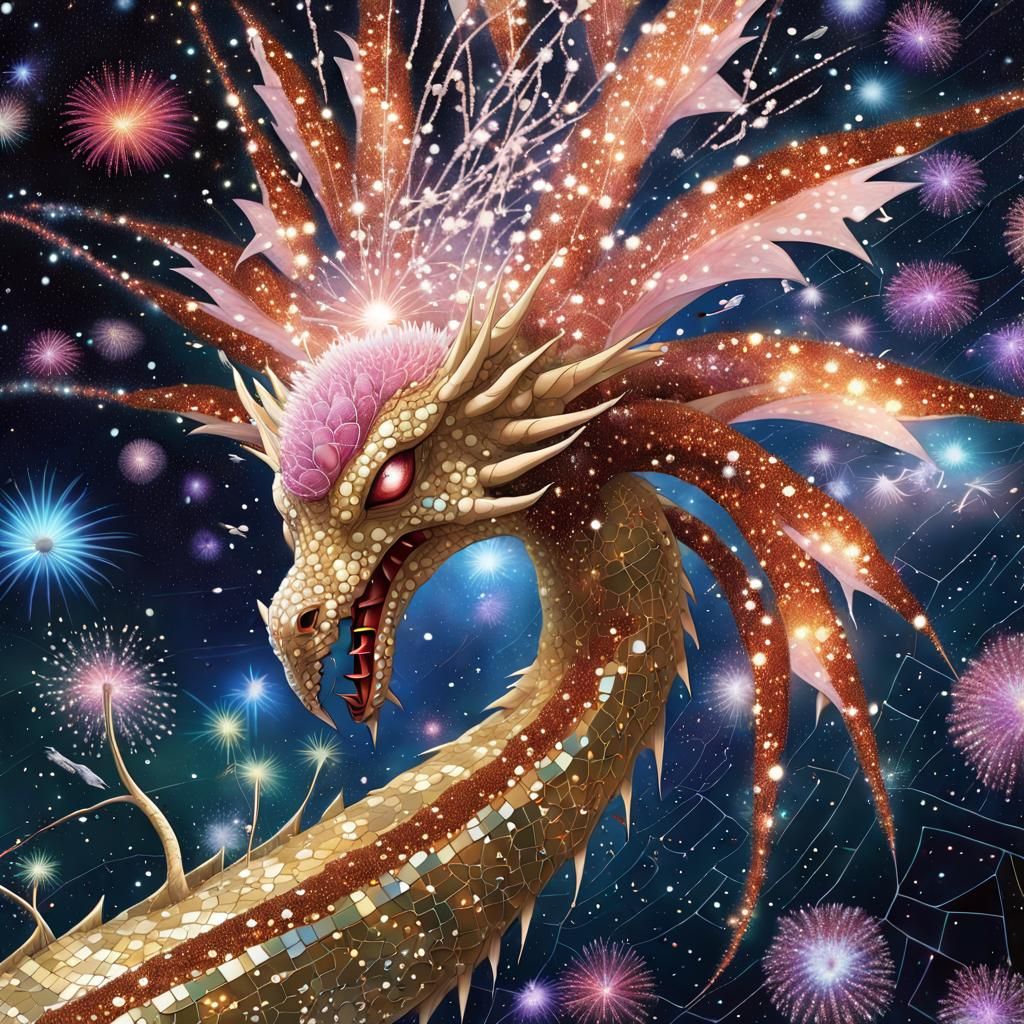 Dragon-Stork Hybrid in Bioluminescent Cityscape