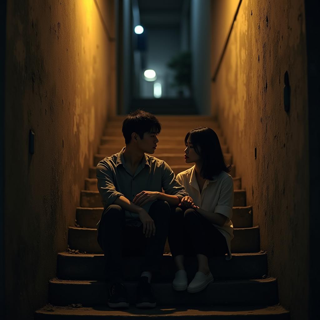 Contemplative Couple in Golden Alleyway Lighting