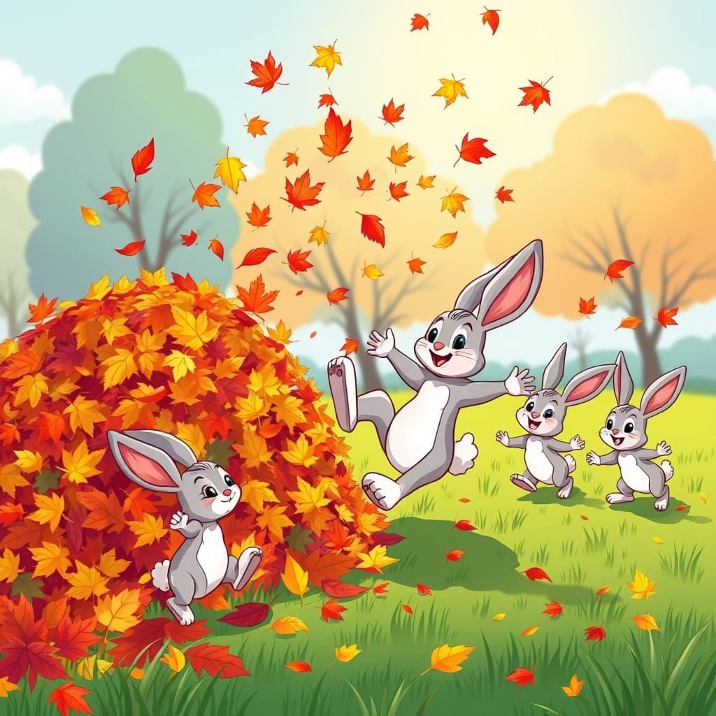 Playful Bunnies Scattering Autumn Leaves in Cartoon Style