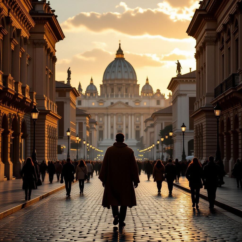 Man Walks Through Ancient Roman City in Baroque Style