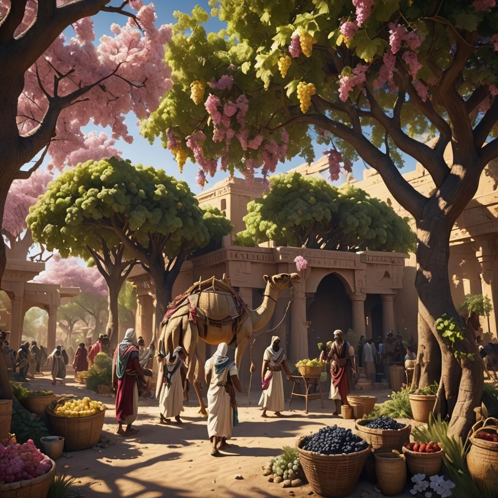 Egyptian Oasis Wine Harvest: Detailed Matte Painting