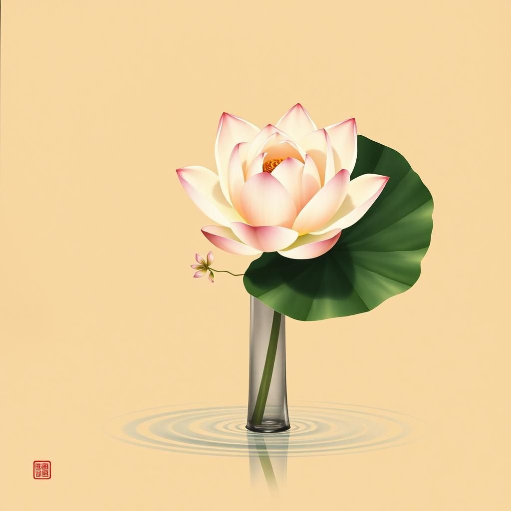 Lotus Bloom in Vase: Chinese Watercolor Style