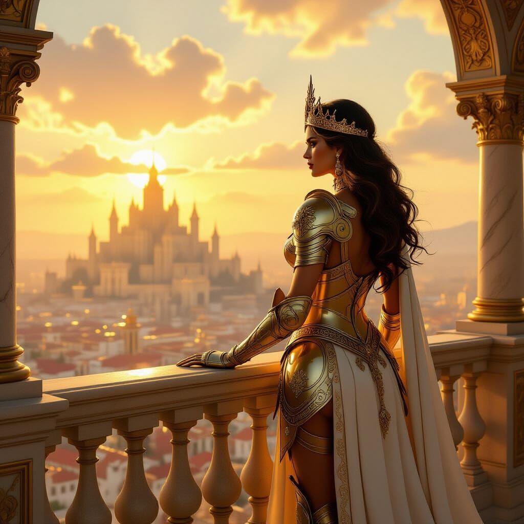 Majestic Queen in Sun-Drenched Armor Surveys Kingdom