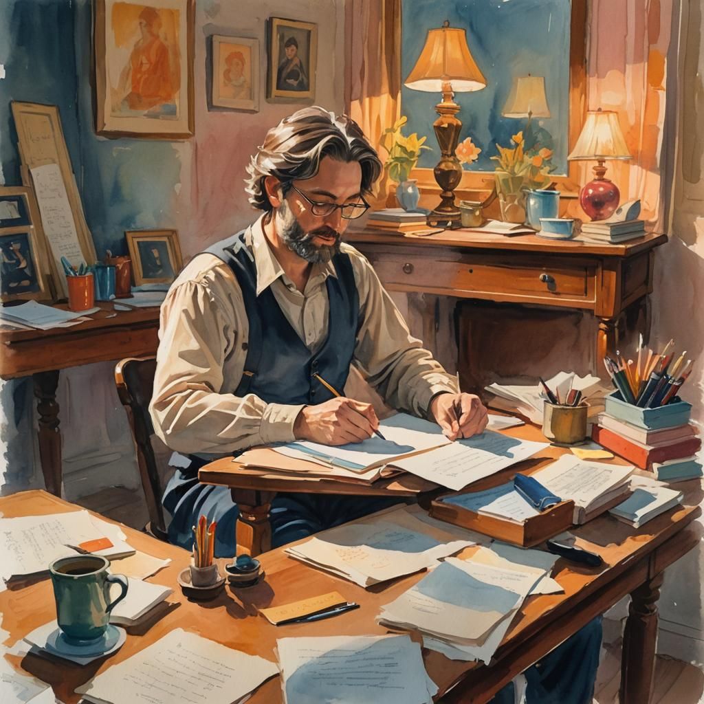 Poet at Desk: Gouache Painting with Warm Light