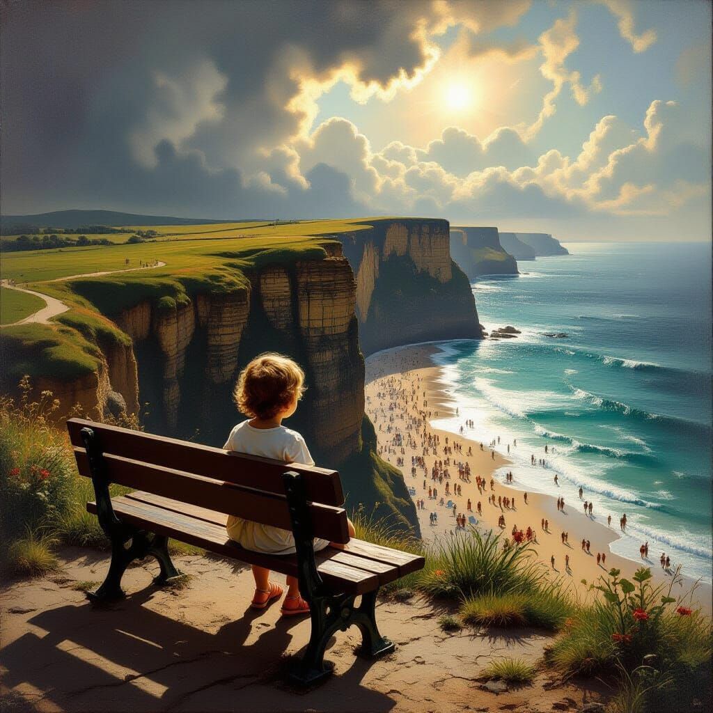 Child on Cliff Overlooking Baroque Beach Scene