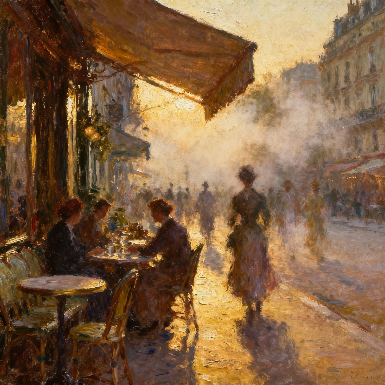 Parisian Cafe at Dawn in Impressionist Style