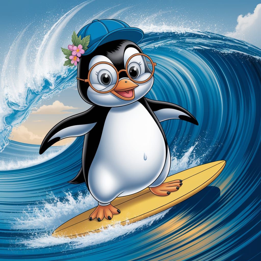 Charming Cartoon Penguin Rides Yellow Surfboard in Hyper-Rea...