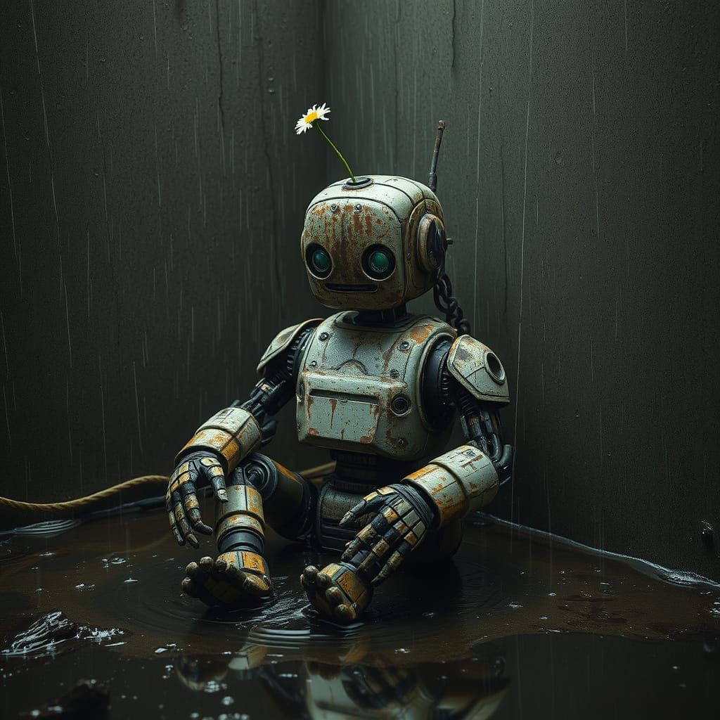 Rusted Robot in Junkyard Corner with Daisy