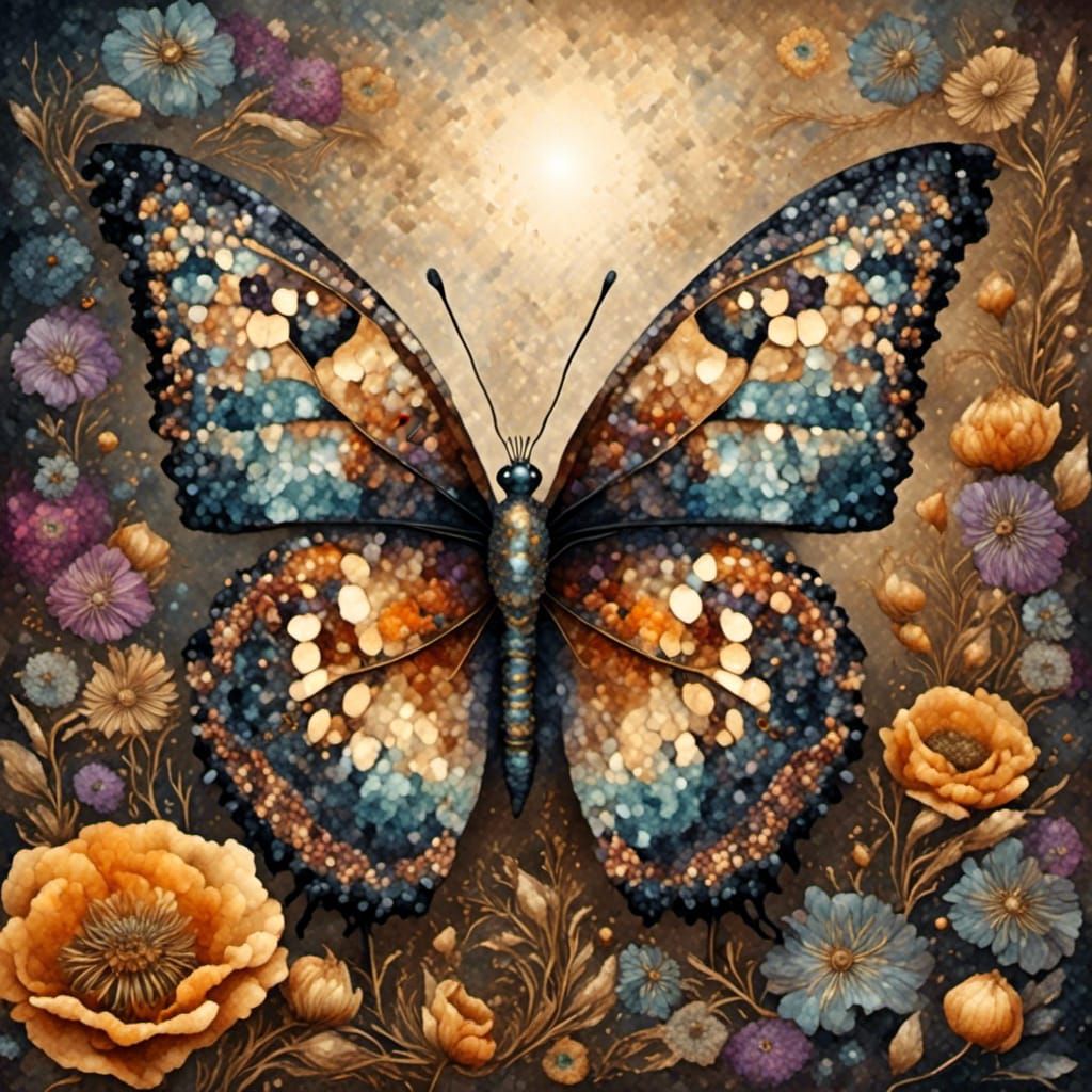 Iridescent Butterfly on Golden Poppy with Watercolor Backgro...