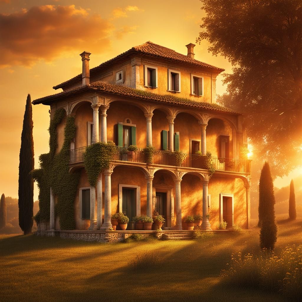 Italian Country House in Golden Sunset