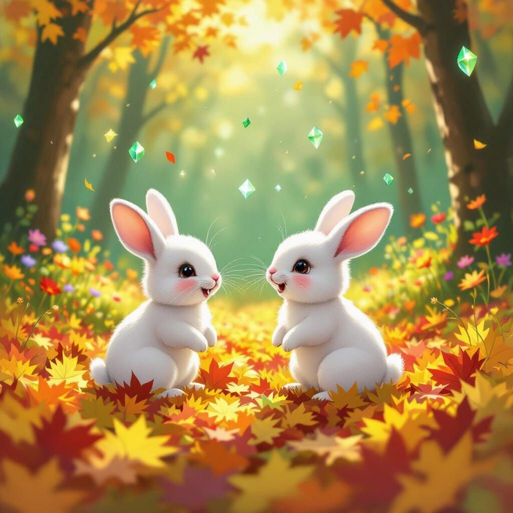 Cute Rabbits Play in Autumn Leaves