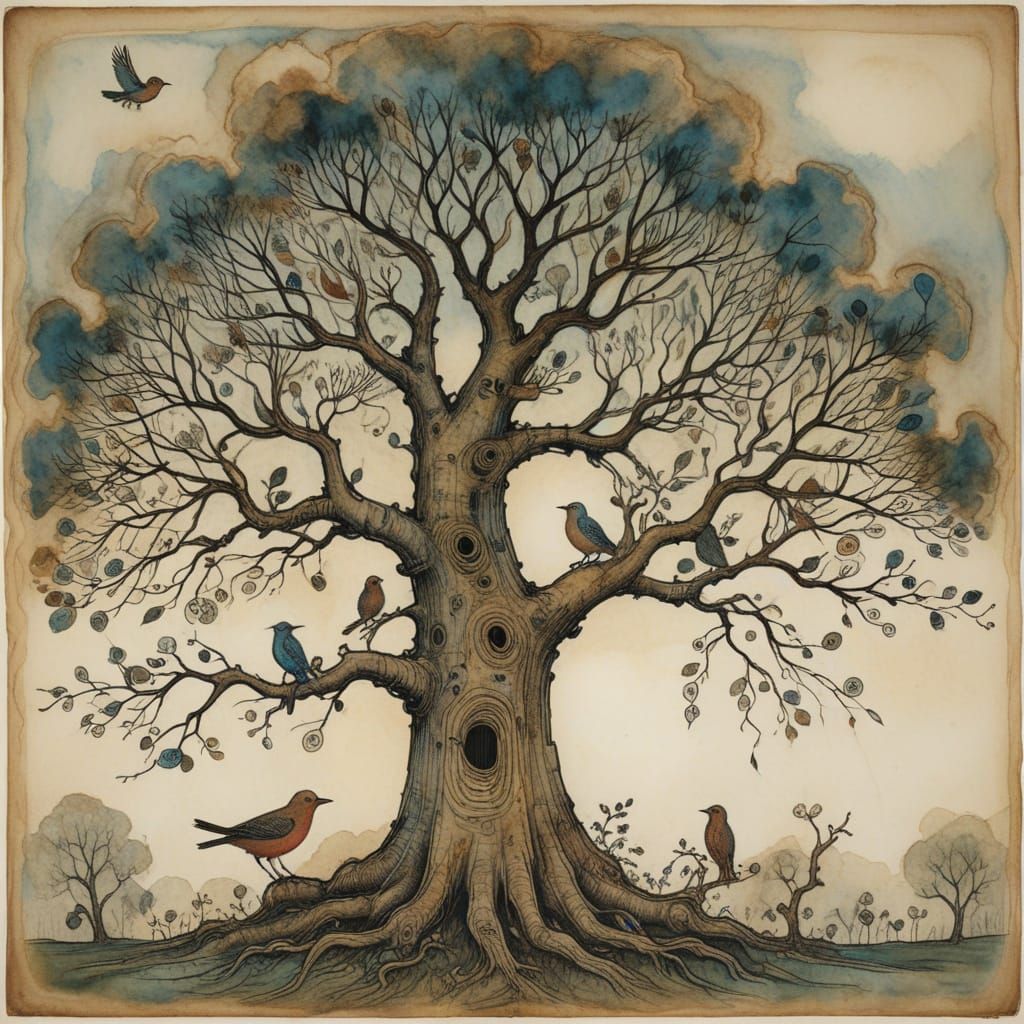 Intricate Bird Sings in Ancient Entangled Tree