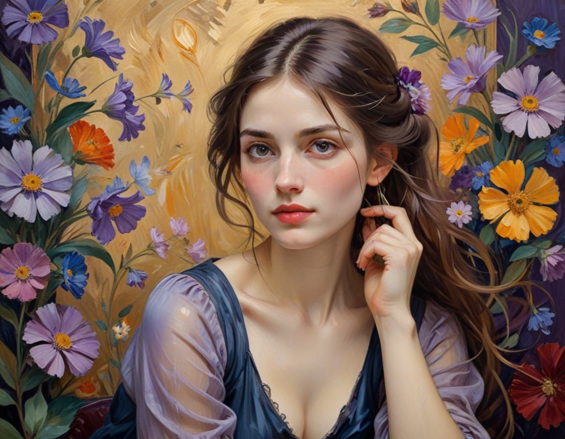 Woman Lost in Thought with Art Nouveau Florals