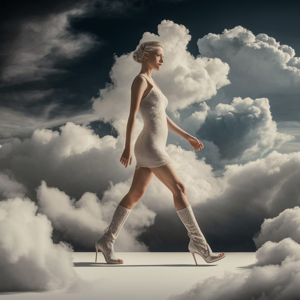 Woman Walking on Clouds in High Heels