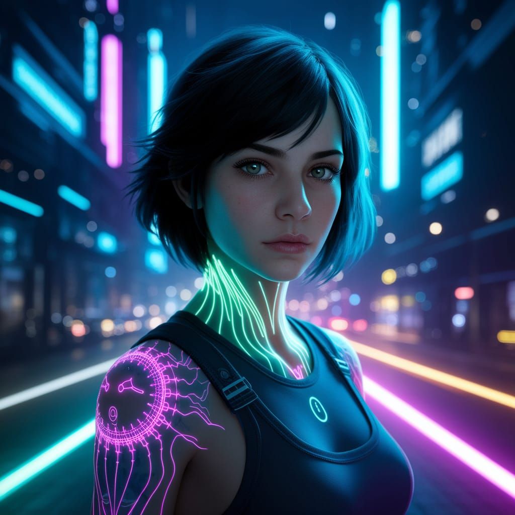 Bioluminescent Tattoos in Cyberpunk Cityscape