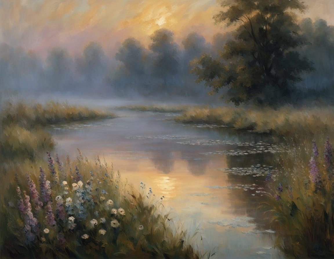 Misty Meadow Sunrise Oil Painting