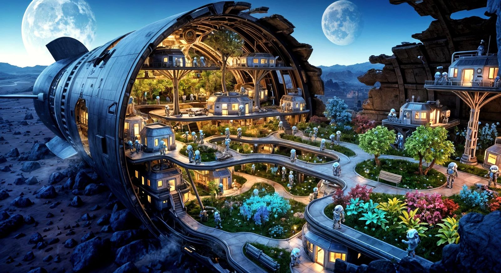 Miniature City Inside Rocket on Alien Planet