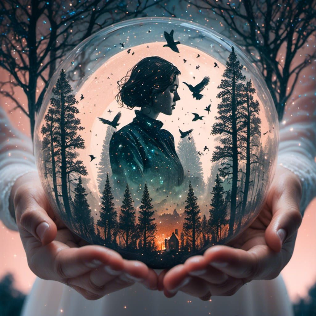 Double Exposure: Woman Holding Stars and Nature