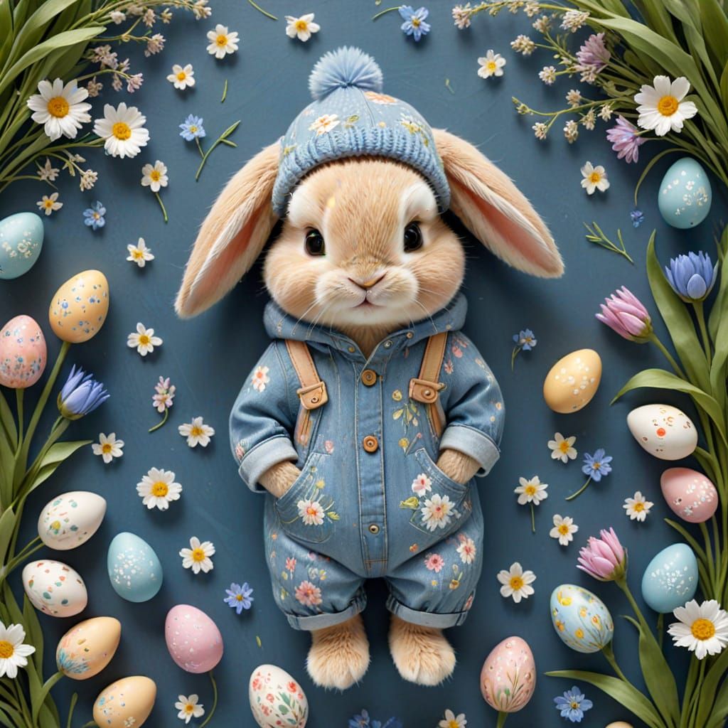 Whimsical Baby Bunny in Cozy Jean Jumpsuit with Easter Eggs ...