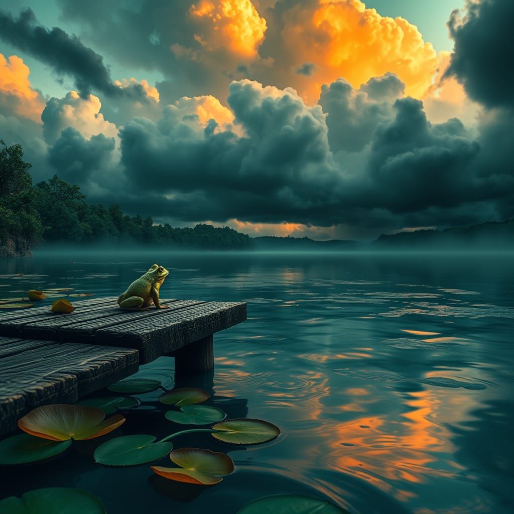 Stormy Lake Serenity with Frog