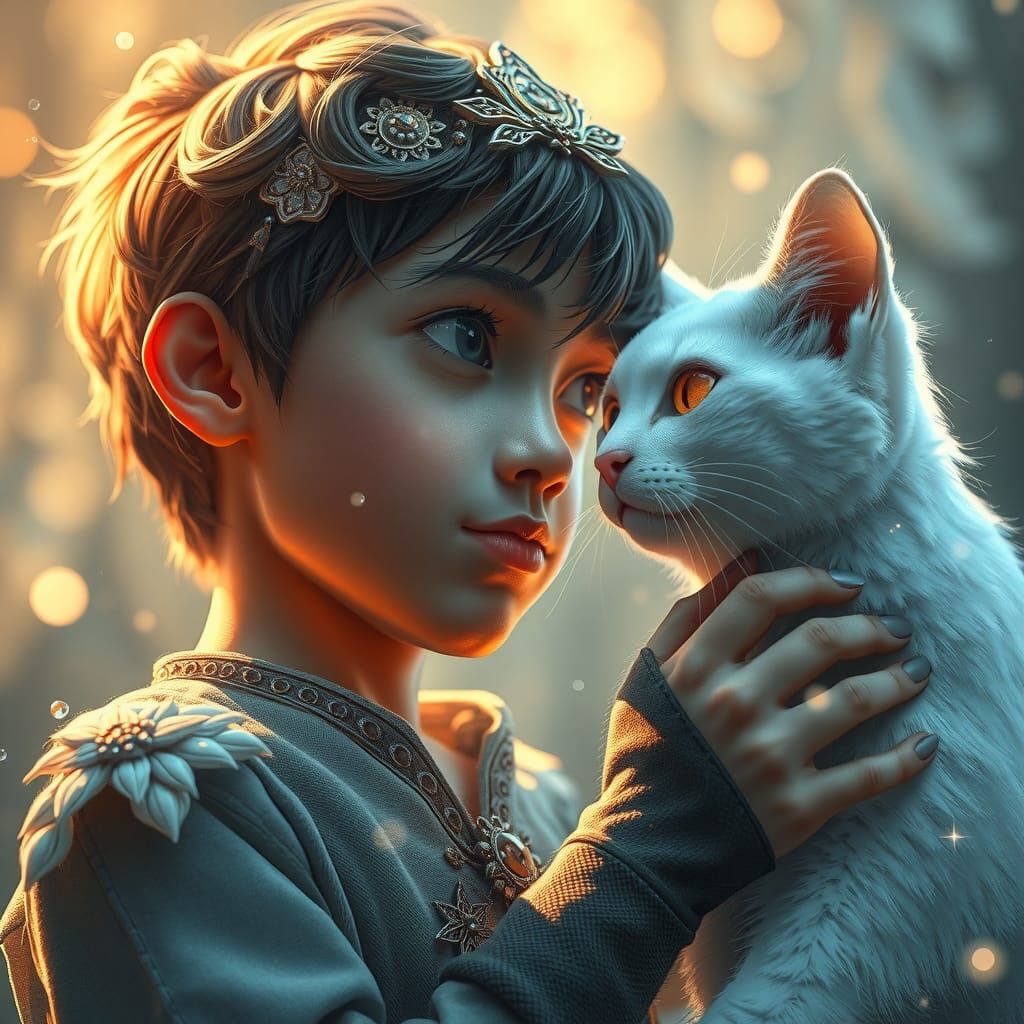 Boy and White Cat: Dreamlike Digital Portrait