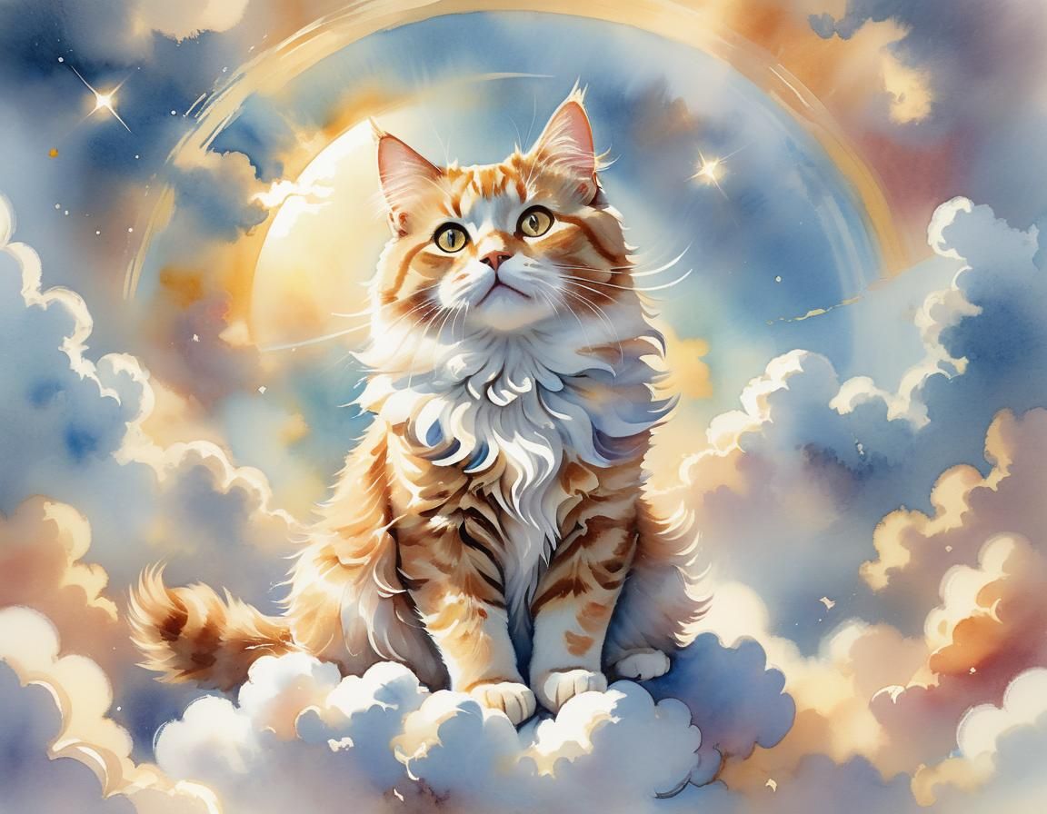 Angelic Cat in Heaven as Watercolor Art