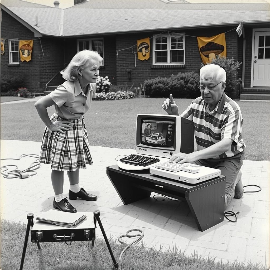 Peruvian-Americans Repairing Vintage Computer, Norman Rockwe...