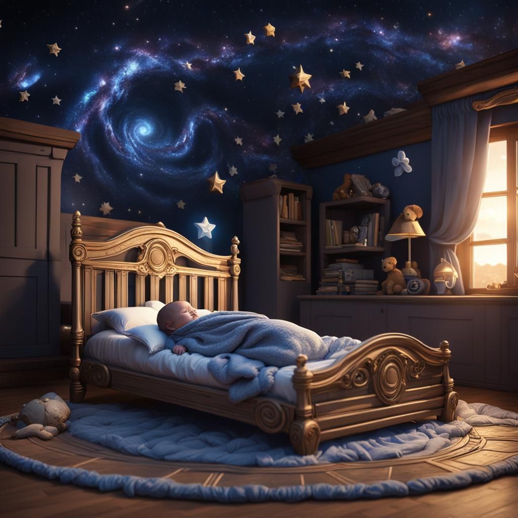 Baby Sleeping Among Stars in Comic Realistic Style
