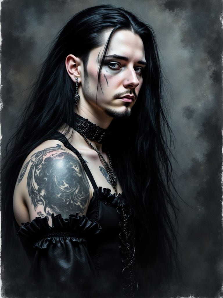 Goth Man in Lace Dress: Watercolor Oil Painting