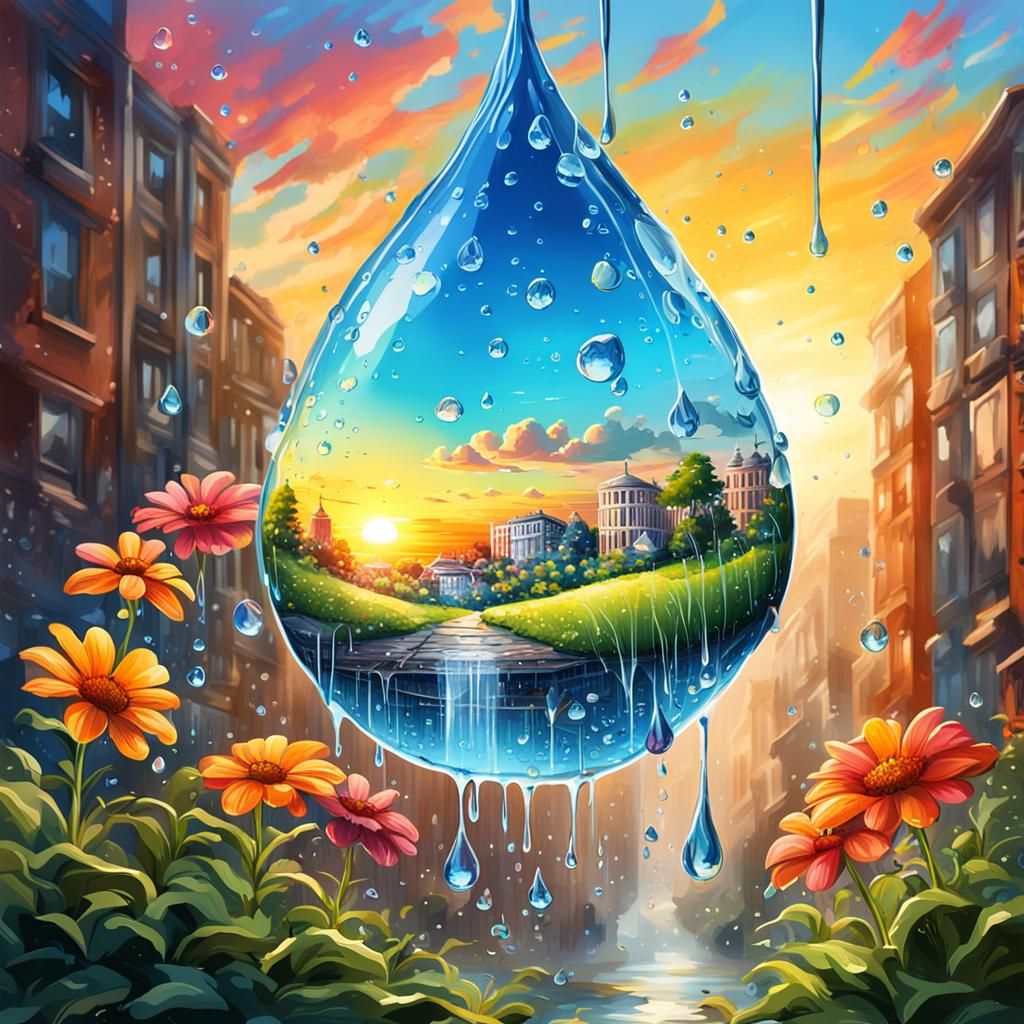 Summer Landscape Inside Raindrop in Graffiti Art Style