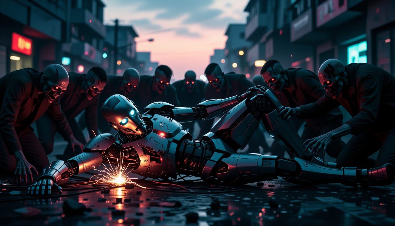 Cyberpunk Cyborg Overwhelmed by Zombie Horde