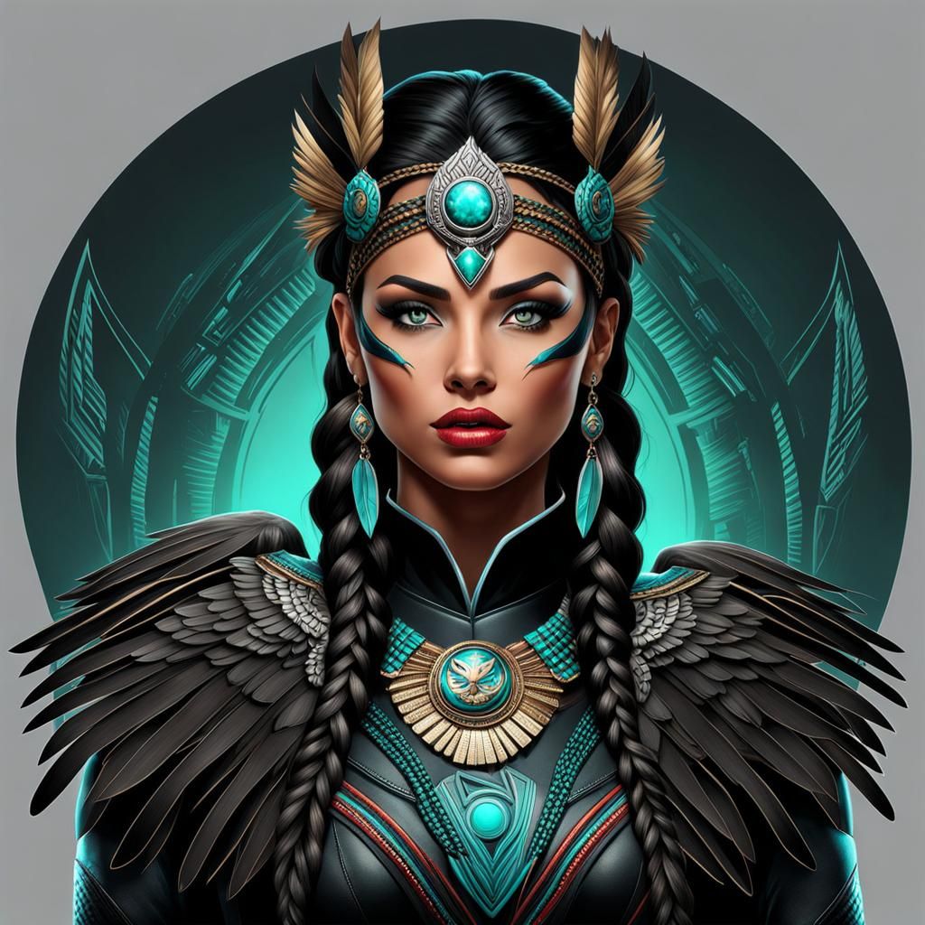 Native American Eagle Woman Superhero with Spear