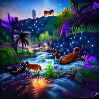 Luminous Jungle River at Night: Storybook Illustration