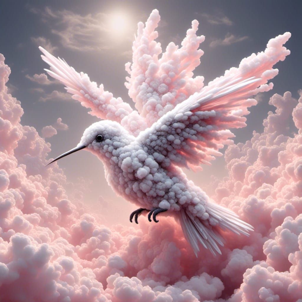Pink and Silver Cloud Hummingbird: Detailed Digital Art