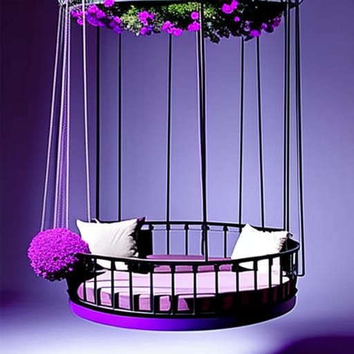 Ethereal purple and Lavender Gothic Round Swing Bed with Pergola Roof and flower Planters& gothic vibes& ethereal vibes&...