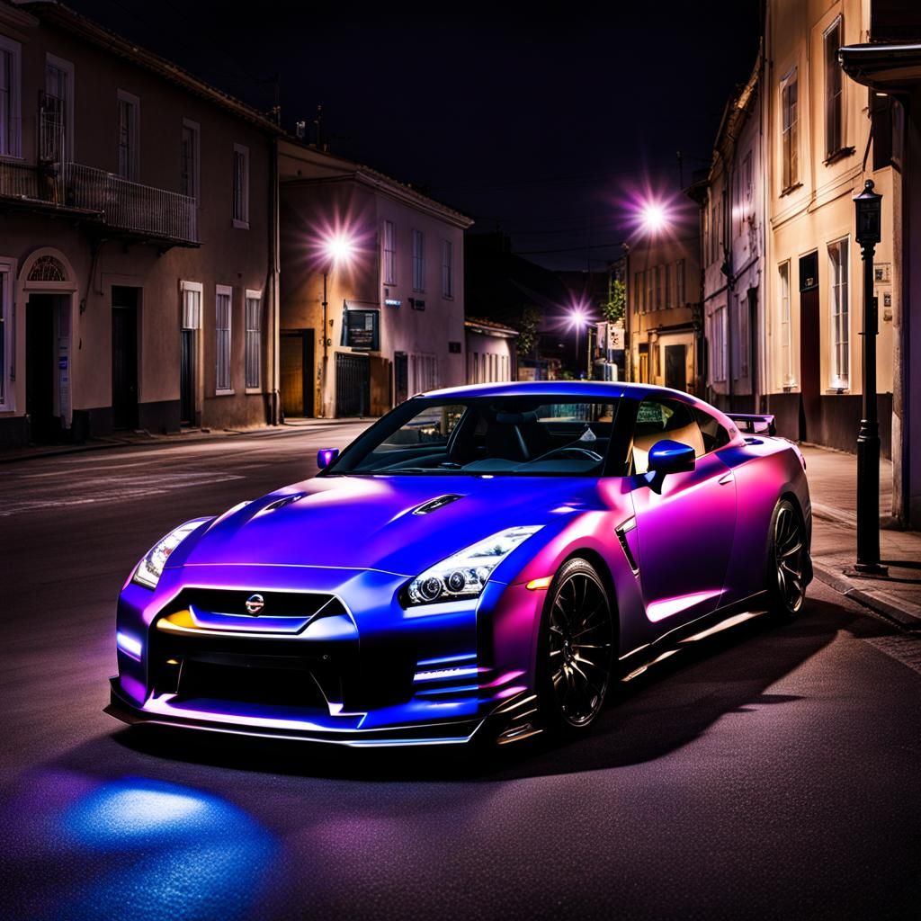 Nissan GTR with Ultra Violet Headlights at Night