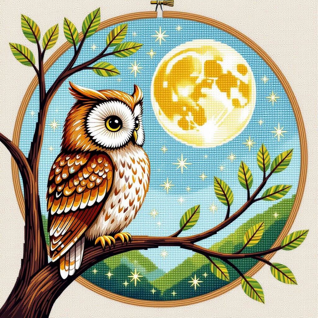 Whimsical Owl Cross-Stitch Art with Moonlit Tree Branch