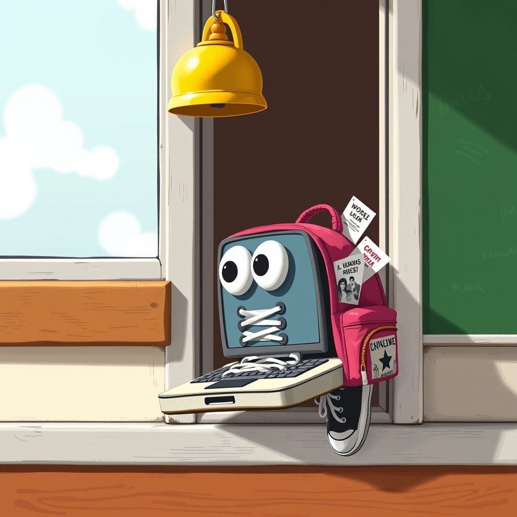 Laptop with Googly Eyes Escapes Classroom, Whimsical Art