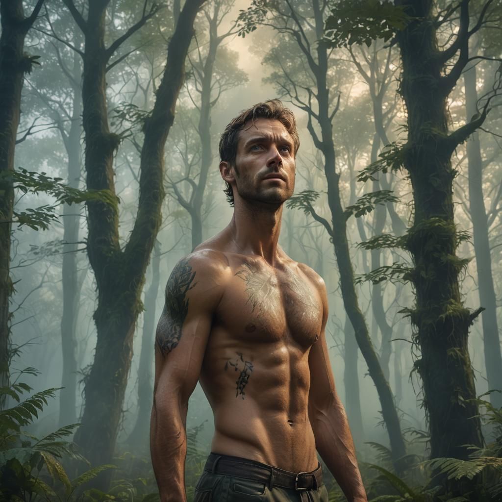 Bare-Chested Man in Misty Forest: Digital Matte Painting