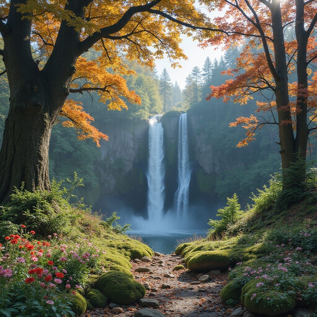 Surreal Fantasy Forest with Vibrant Spring Flowers and Water...
