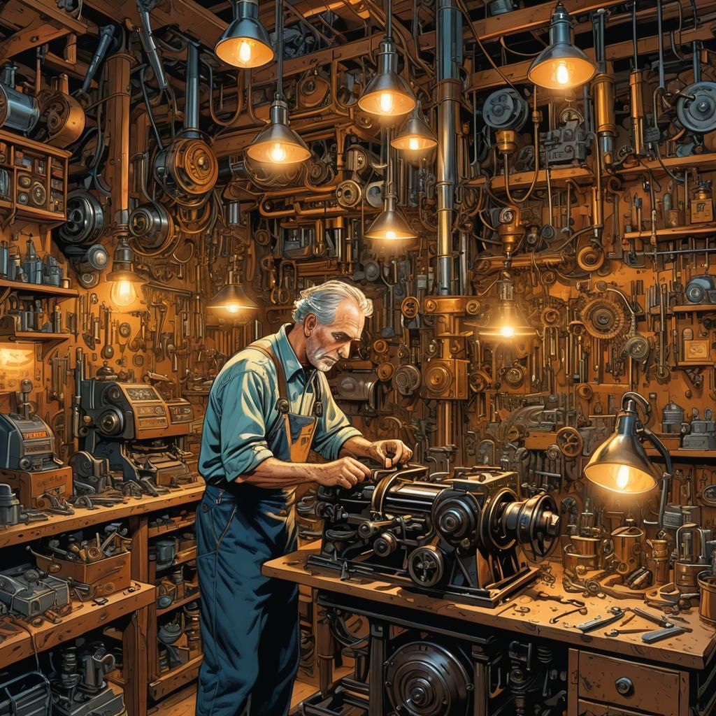 Henry Ford in Cluttered Workshop, Comic Book Art
